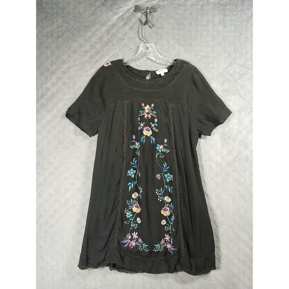 Umgee Dresses & Skirts - Umgee - Black Floral CottageCore Boho Dress Colourful Embroidery Lace Trim Large